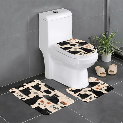Plüsch-Teppich für Schlafzimmer, Küche, Badewanne, Heimdekoration, Katzendruck-Muster, Badezimmer-Schutzmatte, 3-teiliges Set, saugfähiger Teppich für den Außenbereich von WZYCWB