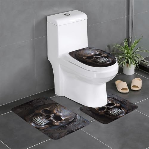 Plüsch-Teppich für Schlafzimmer, Küche, Badewanne, Heimdekoration, kupferfarbener Totenkopf-Badezimmer-Schutzmatte, 3-teiliges Set, saugfähiger Teppich für den Außenbereich von WZYCWB