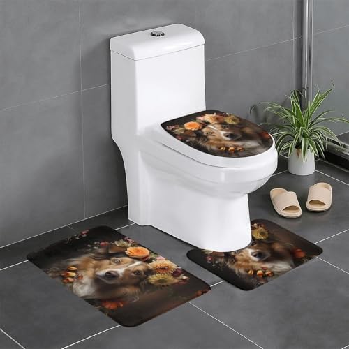 Plüschteppich für Schlafzimmer, Küche, Badewanne, Heimdekoration, Hundemädchen mit Blumen, 3-teiliges Set, saugfähiger Teppich für den Außenbereich, von WZYCWB