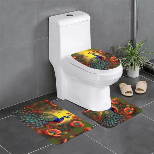 Plüschteppich für Schlafzimmer, Küche, Badewanne, Heimdekoration, Pfauenblumen, Badezimmer-Schutzmatte, 3-teiliges Set, saugfähiger Teppich für den Außenbereich von WZYCWB