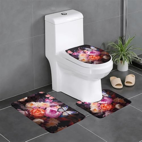 Plüschteppich für Schlafzimmer, Küche, Badewanne, Heimdekoration, Schmetterlinge und frischer Busch, Badezimmer-Schutzmatte, 3-teiliges Set, saugfähiger Teppich für den Außenbereich von WZYCWB