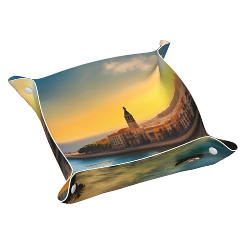 Schreibtisch-Aufbewahrungsbox aus Leder, Motiv: Sonnenuntergang in Barcelona, mittelgroß, multifunktional, personalisierbar von WZYCWB