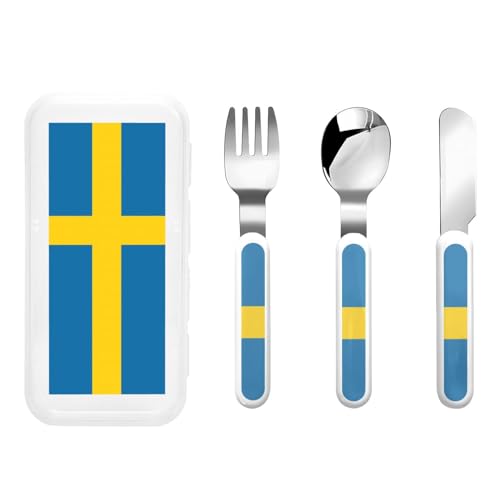 Schwedische Flagge Kindergeschirr 3-teiliges Set, wiederverwendbares Messer, Gabel und Löffel Besteckset, tragbares Kindergeschirr zum Schutz von Lebensmitteln von WZYCWB