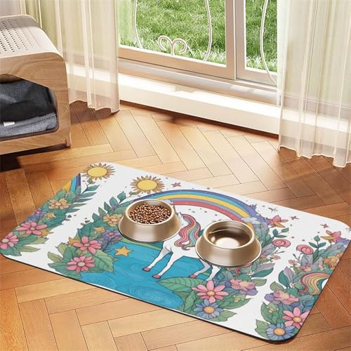 WZYCWB 30 x 45 cm Einhörner am Fluss bedruckte saugfähige Haustier-Tischsets – rutschfeste Futtermatten für Hunde und Katzen, Futternäpfe und Wasser-Tischsets von WZYCWB
