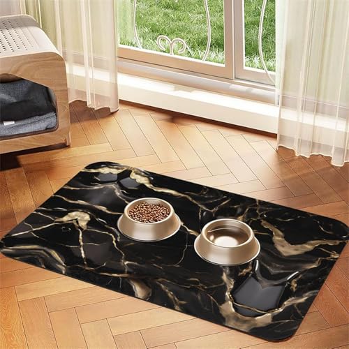 WZYCWB 30 x 45 cm schwarz gold Marmor bedruckte Haustier saugfähige Tischsets – rutschfeste Futtermatten für Hunde und Katzen, Futternäpfe und Wasser-Tischsets von WZYCWB