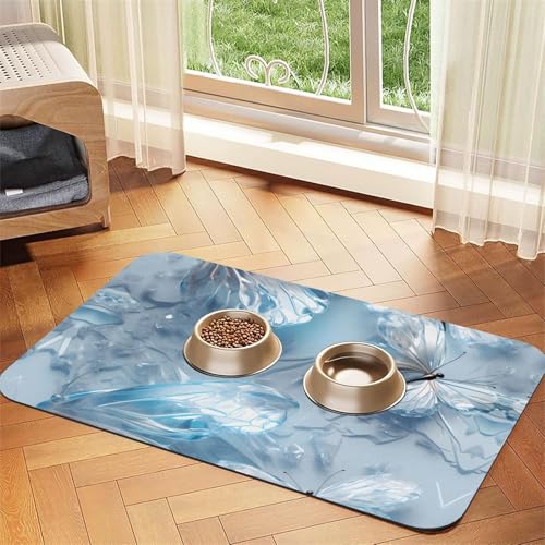 WZYCWB 30 x 45 cm weiße Kristall-Schmetterlinge bedruckte Haustier-Tischsets – rutschfeste Futtermatten für Hunde und Katzen, Futternäpfe und Wasser-Tischsets von WZYCWB