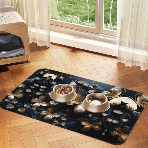 WZYCWB 40 x 60 cm, goldfarbene weiße Schmetterlinge, schwarz, bedruckt, saugfähige Tischsets für Hunde und Katzen, Futternäpfe und Wasser-Tischsets von WZYCWB