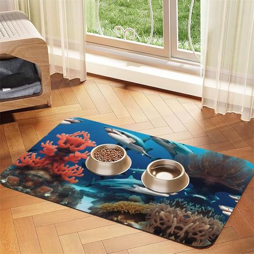 WZYCWB 40 x 60 cm U-Boot-Haifisch-Korallenmuster, saugfähige Haustier-Tischsets, rutschfeste Futtermatten für Hunde und Katzen, Futternäpfe und Wasser-Platzsets von WZYCWB