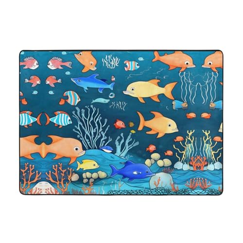 WZYCWB Blaue Unterwasserwelt der Fische, gemusterte Flanell-Bodenmatte, 203 x 147 cm, superweicher Teppich von WZYCWB
