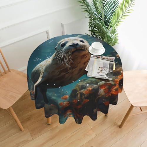 WZYCWB Dekorative lange Tischdecke mit Welpe im Wasser (152,4 cm Durchmesser), runde Hochzeitstischdecke, allgemeine Zweck-Tischdecke für Partys von WZYCWB