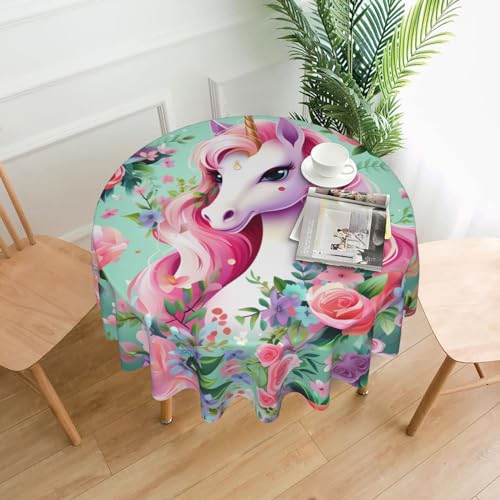 WZYCWB Dekorative lange Tischdecke mit rosa Einhorn, 152,4 cm Durchmesser, runde Hochzeitstischdecke, allgemeine Zweck-Tischdecke für Partys von WZYCWB