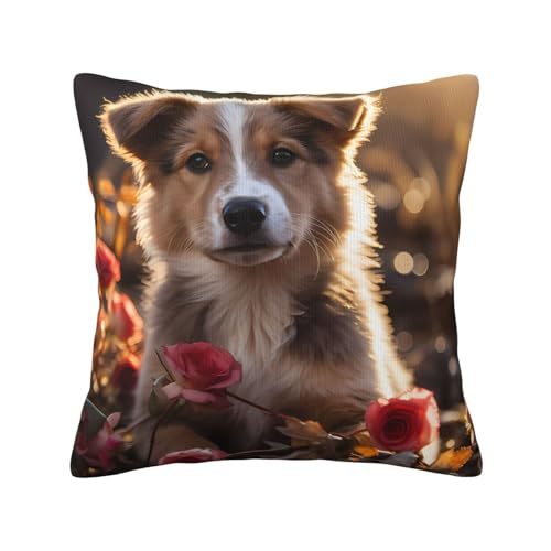 WZYCWB Doppelseitiger Plüsch-Kissenbezug mit Hunden und Rosen (45,7 x 45,7 cm) von WZYCWB