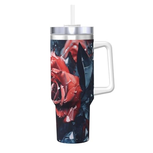 WZYCWB Eisbecher aus Glas mit rotem Rosenmuster – 1,2 l doppellagiger Edelstahl-Vakuumbecher, auslaufsicher und tragbar von WZYCWB
