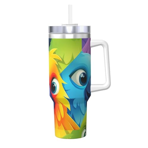 WZYCWB Eisbecher mit Cartoon-Papageienmuster – 1,2 l doppellagiger Edelstahl-Vakuumbecher, auslaufsicher und tragbar von WZYCWB