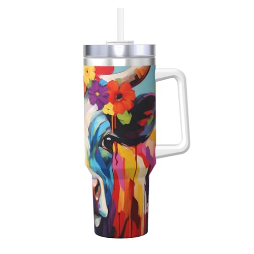WZYCWB Eisbecher mit Kühen mit Girlanden-Muster, doppellagiger Edelstahl-Vakuumbecher, auslaufsicher und tragbar von WZYCWB