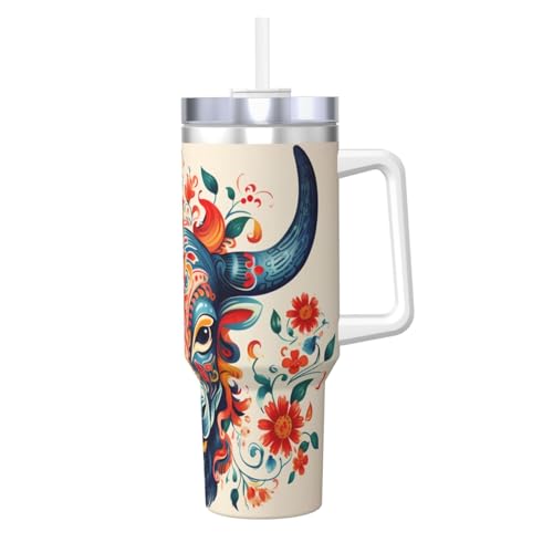 WZYCWB Eisbecher mit Kuhkopf- und Blumenmuster, doppellagiger Edelstahl-Vakuumbecher, auslaufsicher und tragbar von WZYCWB
