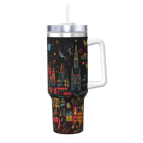 WZYCWB Eisbecher mit Schloss und Sternenhimmel bei Nacht – 1,2 l doppellagiger Edelstahl-Vakuumbecher, auslaufsicher und tragbar von WZYCWB