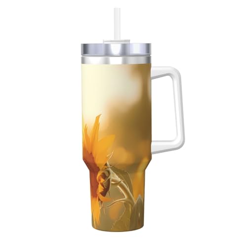 WZYCWB Eisbecher mit Sonnenblumen in der Abendsonne – 1,2 l doppellagiger Edelstahl-Vakuumbecher, auslaufsicher und tragbar von WZYCWB