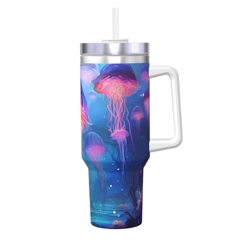 WZYCWB Eisbecher mit blauem Quallenmuster – 1,2 l doppellagiger Edelstahl-Vakuumbecher, auslaufsicher und tragbar von WZYCWB
