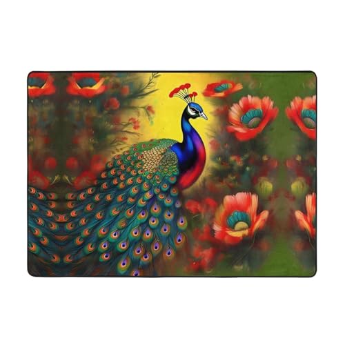 WZYCWB Flanell-Bodenmatte, Pfauenblumen, 203 x 147 cm, superweich von WZYCWB