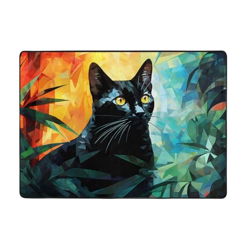 WZYCWB Flanell-Bodenmatte, geometrisch, schwarze Katze, 203 x 147 cm, superweich von WZYCWB