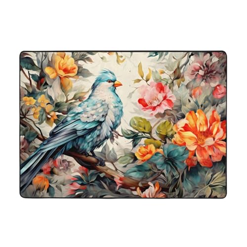 WZYCWB Flanell-Bodenmatte mit Blumen und Vögeln, 203 x 147 cm, superweich von WZYCWB