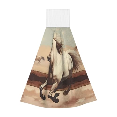WZYCWB Hängendes Korallen-Fleece-Handtuch, Kinder- und Erwachsenen-Bad- und Küchen-Hänge-Handtuch, Prancing White Horse Super saugfähiges Küchentuch von WZYCWB