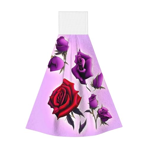 WZYCWB Hängendes Korallen-Fleece-Handtuch, Kinder- und Erwachsenen-Bad- und Küchen-Hänge-Handtuch, rote und violette Rosen, super saugfähiges Küchentuch von WZYCWB