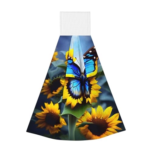 WZYCWB Hängendes Korallen-Fleece-Handtuch, Kinder- und Erwachsenen-Badezimmer- und Küchen-Hänge-Handtuch, Sonnenblumen-blauer Schmetterling, super saugfähiges Küchentuch von WZYCWB