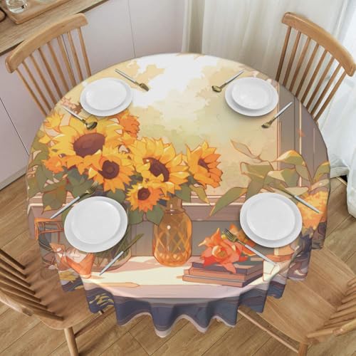 WZYCWB Runde Spitzen-Tischdecke mit Sonnenblumen-Motiv unter der Fensterbank, 152,4 cm im Durchmesser, waschbar, geeignet für Restaurants, Partys, Picknicks, Versammlungen von WZYCWB