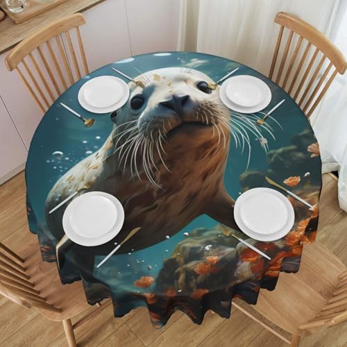 WZYCWB Runde Spitzentischdecke "Seal Pup in Water", 152,4 cm Durchmesser, waschbare Tischdecke, geeignet für Restaurants, Partys, Picknicks, Versammlungen von WZYCWB
