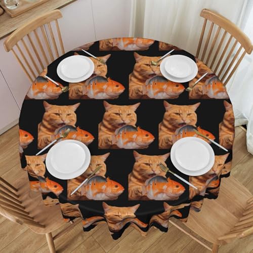 WZYCWB Runde Spitzentischdecke mit Katzenfressendem Fisch, 152,4 cm im Durchmesser, waschbare Tischdecke, geeignet für Restaurants, Partys, Picknicks, Versammlungen von WZYCWB