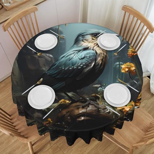 WZYCWB Runde Spitzentischdecke mit schwarzem Vogel und Blumen, 152,4 cm im Durchmesser, waschbare Tischdecke, geeignet für Restaurants, Partys, Picknicks, Versammlungen von WZYCWB