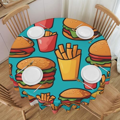 WZYCWB Runde Tischdecke mit Cartoon-Burger-Pommes-Motiv, Spitze, 152,4 cm Durchmesser, waschbar, geeignet für Restaurants, Partys, Picknicks, Versammlungen von WZYCWB