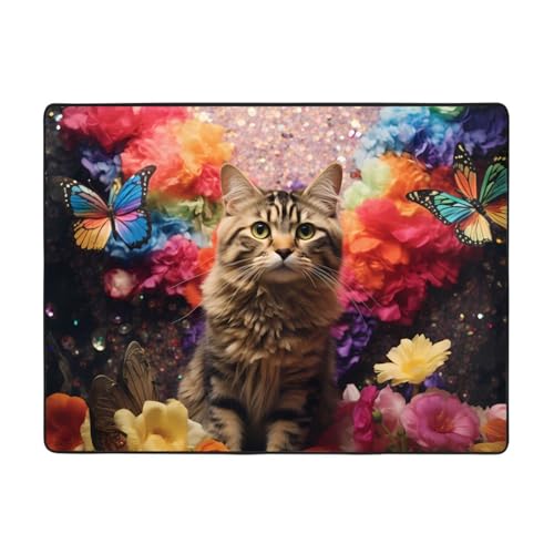 WZYCWB Teppich mit Kätzchen in den Blumen, 160 x 122 cm, rutschfeste Teppiche, geeignet für Wohnzimmer oder Büro von WZYCWB