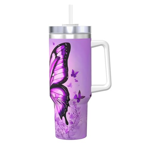 WZYCWB Violetter Eisbecher mit Schmetterlingsmuster: 1,2 l doppellagiger Edelstahl-Vakuumbecher, auslaufsicher und tragbar von WZYCWB