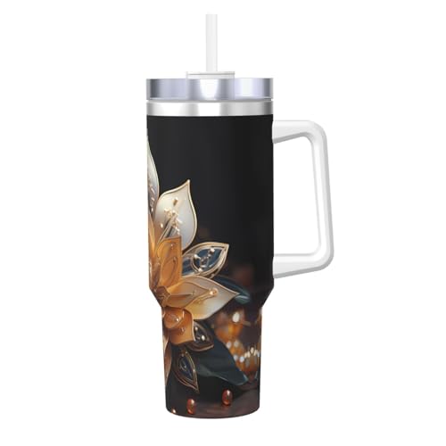 WZYCWB Weißer Eisbecher mit zartem Lotusblumen-Muster – 1,2 l doppellagiger Edelstahl-Vakuumbecher, auslaufsicher und tragbar von WZYCWB