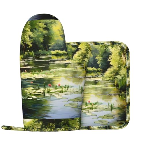 Wasserlilien im Teich Küchenhandschuhe und Wärmedämmungspad-Set, geeignet für Grillabdeckungen und Speiseteller, perfekt für Grillabende und Bankette. von WZYCWB