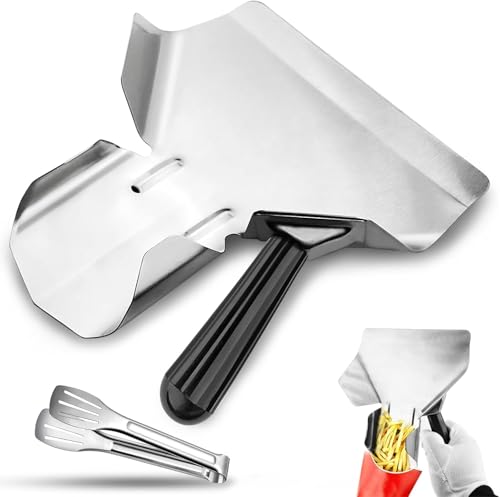 WZYTEU 2 Stk Pommes Schaufel, 22.5 x 21cm Edelstahl Pommes Frites Schaufel mit 1 Rechtem Griff, für Zuhause Küche Snacks Süßigkeiten Desserts mit Einem Griff und Brotzange von WZYTEU