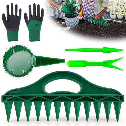 WZYTEU 4er Set Pikierstab, Sähilfe mit 12 Löchern, PP Pflanzhilfe für Gartenbau-Aussaat mit Gartenhandschuhe(30 × 13 cm, Grün) von WZYTEU
