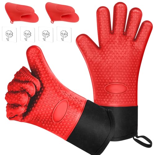 WZYTEU Ofenhandschuhe + Topfhandschuhe Silikon, Hitzebeständige Topflappen Handschuh mit Baumwollfutter zum Backen Kochen Grillen, mit Selbstklebender Haken(Rot) von WZYTEU