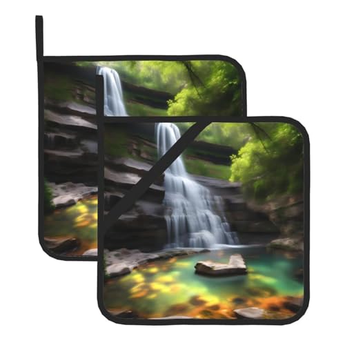 Quadratische Topflappen mit Wasserfall-Ansichten (2er-Set) 20,3 x 20,3 cm: hochwertige Stoffe, verbrühungsfrei und leicht zu reinigen von WZYWHJ