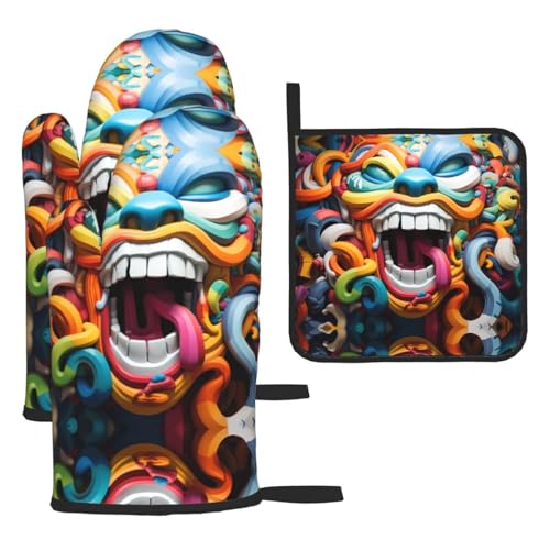 WZYWHJ Art Graffiti Clown bedruckte Ofenhandschuhe und Topflappe, 3-teiliges Set, verdickter langer Küchenhandschuh WZYWHJ Art Graffiti Clown bedruckte Ofenhandschuhe und Topflappe, 3-teiliges Set, verdickter langer Küchenhandschuh von WZYWHJ