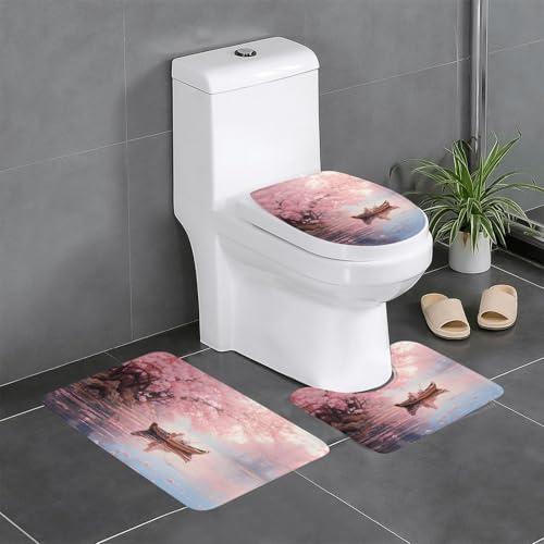 WZYWHJ Badezimmermatten-Set mit Kirschblütenmuster, hochwertig, langlebig, leicht zu reinigen, geeignet für Bad und WC, 4 Stück von WZYWHJ
