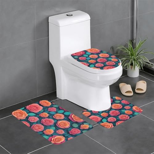 WZYWHJ Badezimmermatten-Set mit Rosenblütenmuster, 4 Stück, langlebig, leicht zu reinigen, geeignet für Badezimmer und WC von WZYWHJ