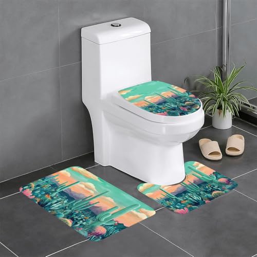 WZYWHJ Badezimmermatten-Set mit grünem Kaktus-Wüstenbild, rutschfest, langlebig, leicht zu reinigen, geeignet für Badezimmer und WC, 4 Stück von WZYWHJ