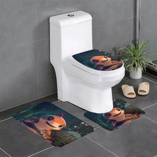 WZYWHJ Badezimmermatten-Set mit niedlichem kleinen Hai-Motiv, hochwertig, langlebig, leicht zu reinigen, geeignet für Badezimmer und WC, 4 Stück von WZYWHJ