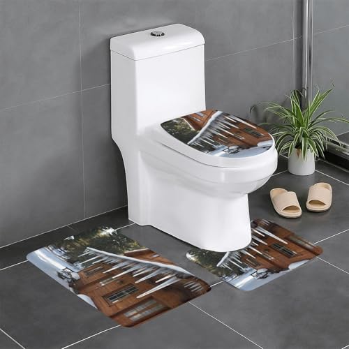 WZYWHJ Badteppich-Set mit Eiszapfen unter der Traufe bedruckt, rutschfest, langlebig, leicht zu reinigen, geeignet für Badezimmer und WC, 3 Stück von WZYWHJ