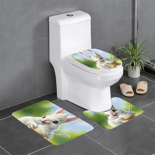 WZYWHJ Badteppich-Set mit Hasen-Motiv "Eating Ice Cream", rutschfest, langlebig, leicht zu reinigen, geeignet für Badezimmer und WC, 4 Stück von WZYWHJ