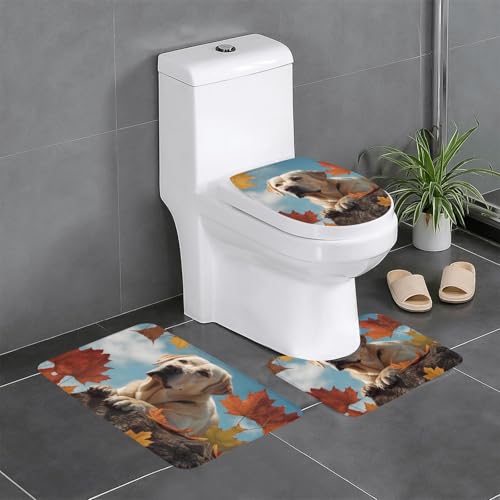 WZYWHJ Badteppich-Set mit Labrador auf Ahornblatt, rutschfest, langlebig, leicht zu reinigen, geeignet für Badezimmer und WC, 3 Stück von WZYWHJ